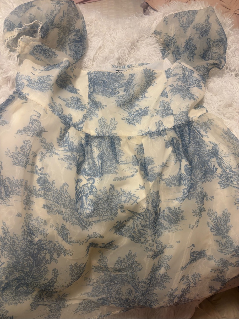 Cider Cream Mini Dress with Blue Toile Print